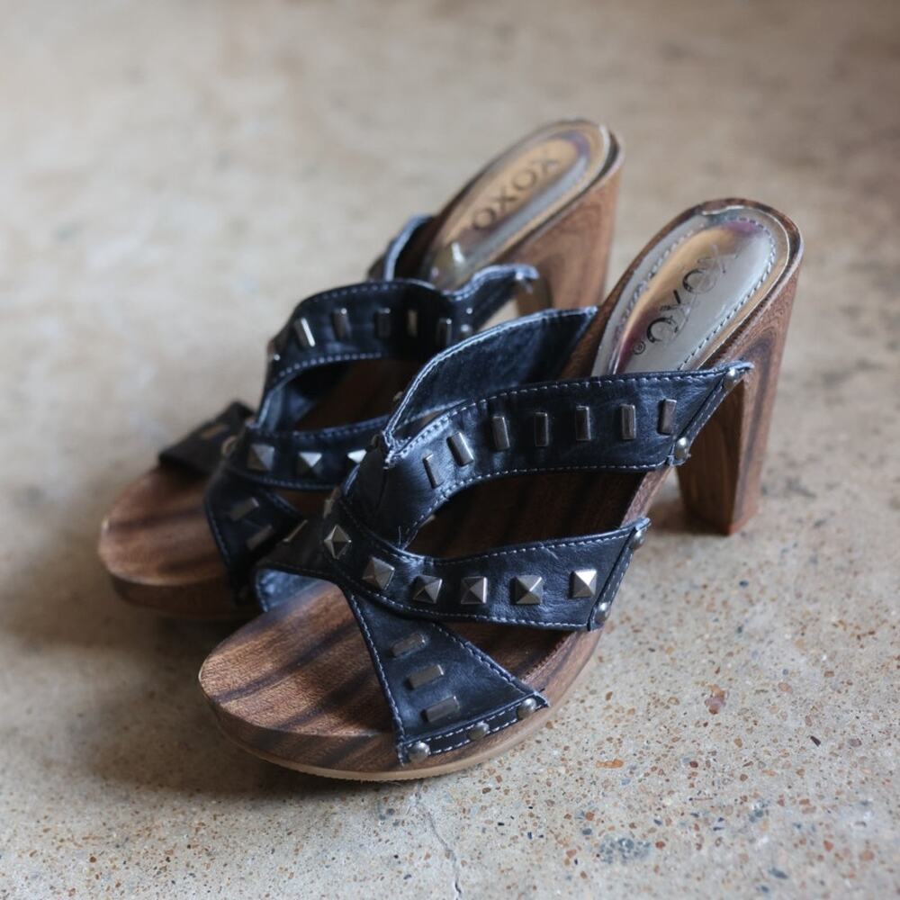 Y2K Studded Platform Clog Mule Heels Size 7.5 Faux Wood Chunky Heel Boho Moto